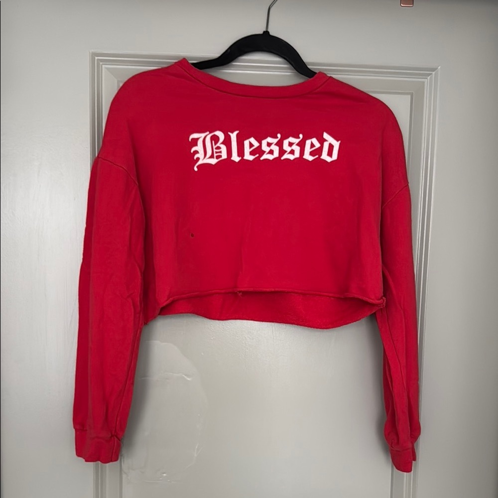 Red Cropped Sweatshirt with 'Blessed' Print